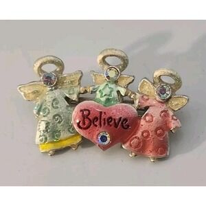 Vintage AJMC Signed Believe Angels Enamel Silver‎ Tone Brooch pin